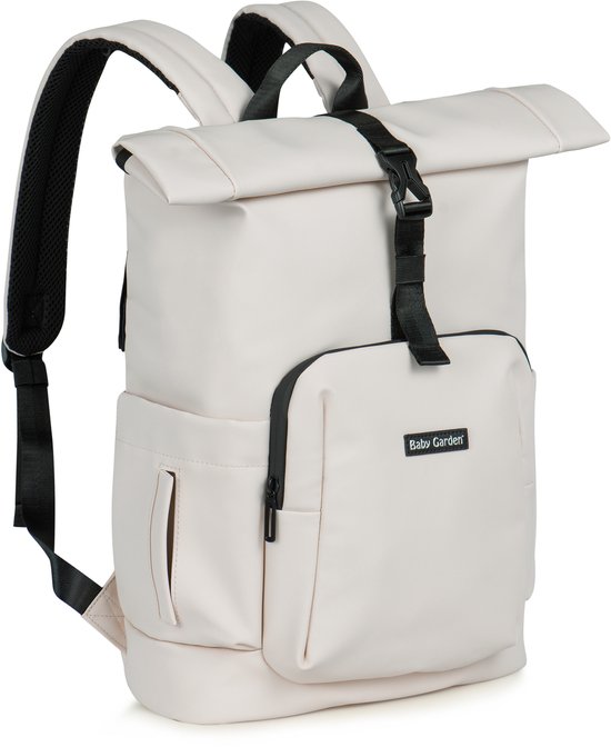 Baby Garden Luiertas Salerno - Luiertas Rugzak Rolltop - 20L tot 25L - Verstelbaar - Inclusief verschoonmatje & Kinderwagen Haken - licht gestippelde textuur - Beige van Baby Garden — afbeelding 3