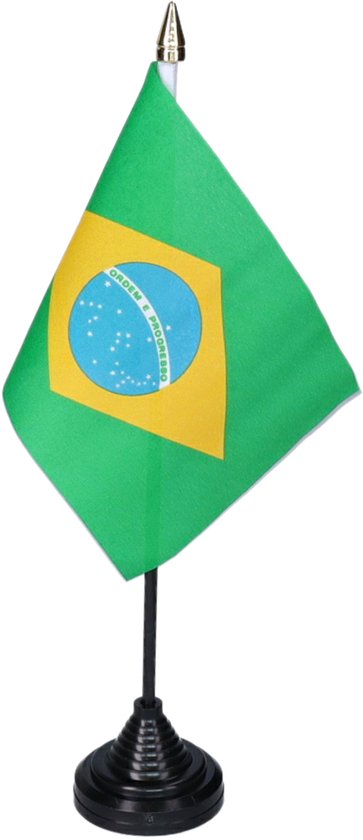 Vlag Brazilie tafelvlaggetjes - 1x stuks - 10 x 15 cm vlag - zwarte standaard - Supporters - Versiering - Sport - Fans - Brasil