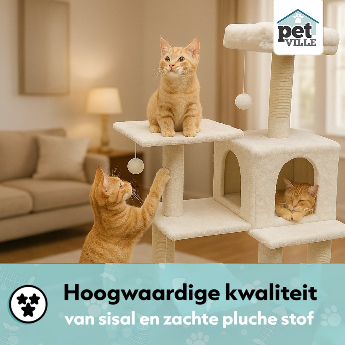 Krabpaal voor Katten met Kattenmand & Kattenspeelgoed XXL - 5 Niveaus - Hangmat - Sisal Touw - 55 x 45 x 143 cm - Incl Muurbevestiging - Krabmat - Kattenhuis - Kattenbed - Kattenpaal - Kattentoren - Kattenspeeltjes - Kattenboom - Beige - PetVille – foto 7