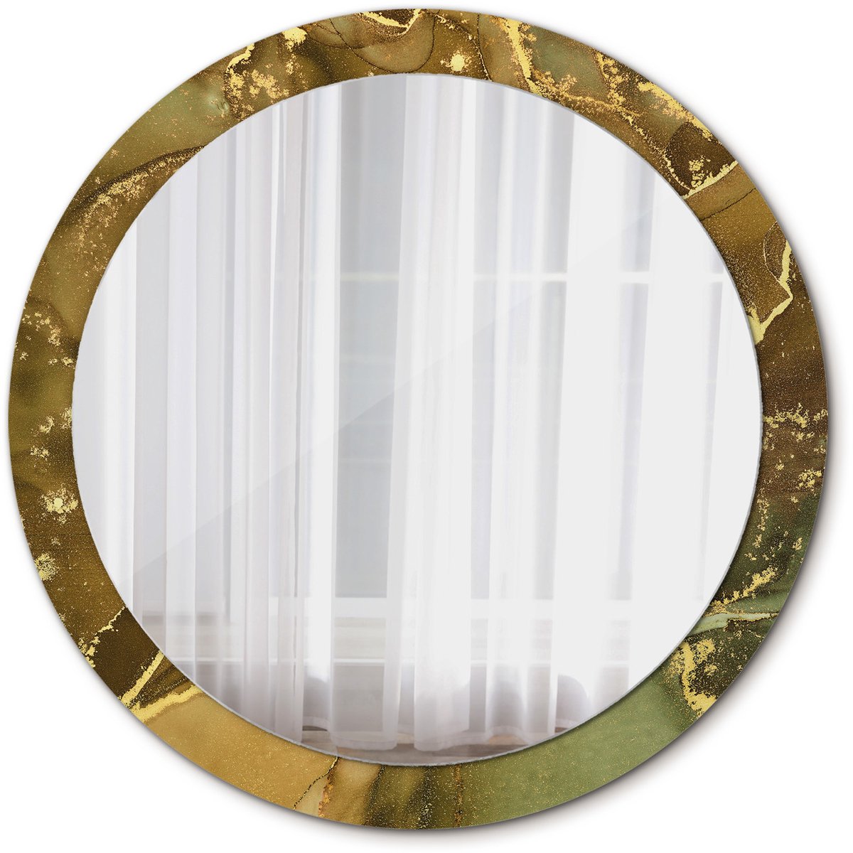 Tulup Spiegel - Ronde vorm Spiegel - op gehard Glas - Metallic wervelingen - Diameter: 90 cm - Spiegel met decoratieve opdruk - Inloopkastspiegel – Badkamerspiegel - Toiletspiegel - Gouden - Met spiegelprint - Stijlvolle Spiegel - Glazen spiegel