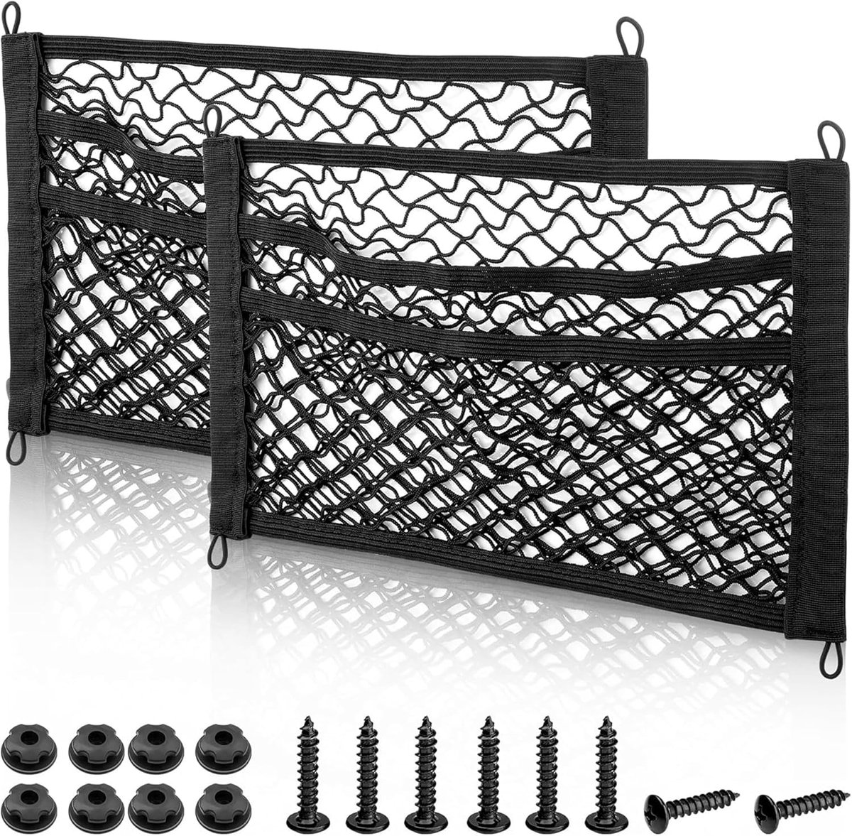 Image of 2 stuks - Nettas voor kofferbak auto - 3-laags mesh opbergzak - Autostoel opbergzak - Intrekbare opbergzak - Bagagenet camper - 45 x 25 cm - Zwart