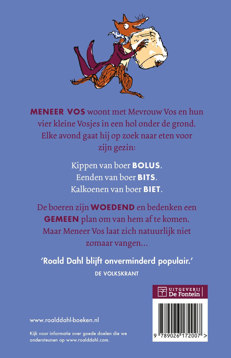 De achterkant van 'De Fantastische Meneer Vos' van Roald Dahl. Met een vos met tas en tekst.