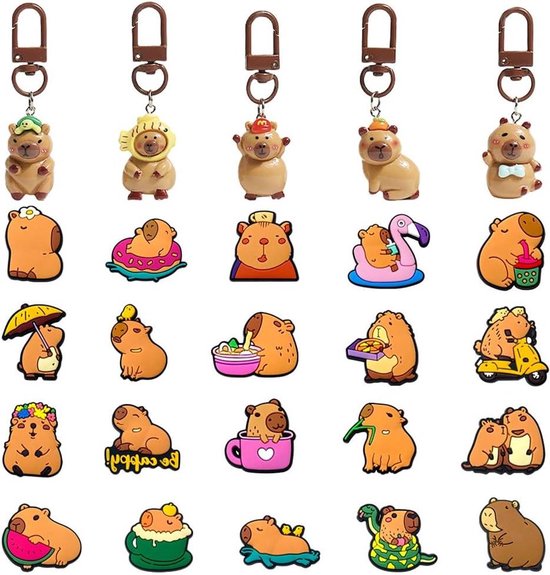 JGS Premium - Set de 25 pendentifs Capybara pour chaussures et porte-clés - Décoration pour enfants - Thème Animaux - Cadeau d'anniversaire
