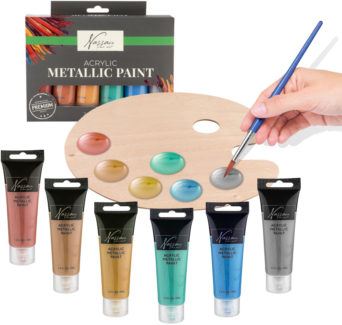 Nassau Fine Art Metallic Acrylverf Set – 6pcs 75ml Tubes – Hoogwaardige Metallic Verf voor Hobby – Dekking op Papier, Canvas, Hout, Steen en Meer — afbeelding 3