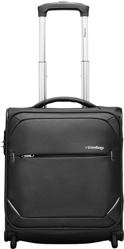 Zwarte reiskoffer met uitschuifbaar handvat, wielen en 'travelbags' logo.