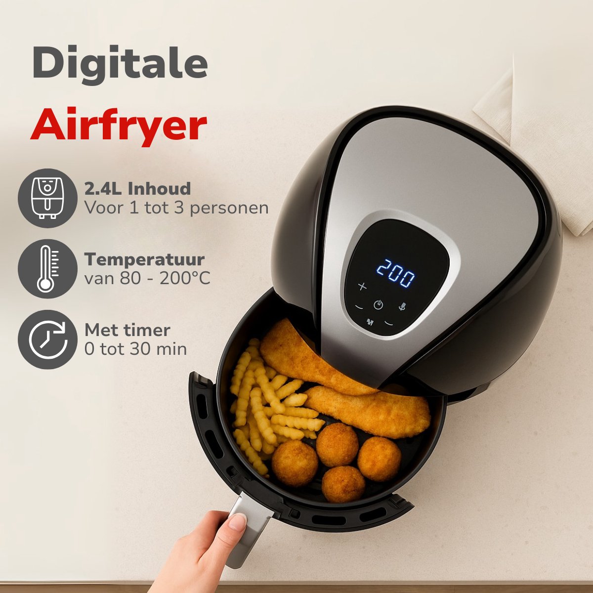 Afbeelding 2 van alpina Airfryer 2,4 L - Heteluchtfriteuse met Digitaal Display en Touch Control - 4 Personen - Air Fryer met Instelbare Temperatuur 80-200°C - Hetelucht Friteuse 1500 Watt