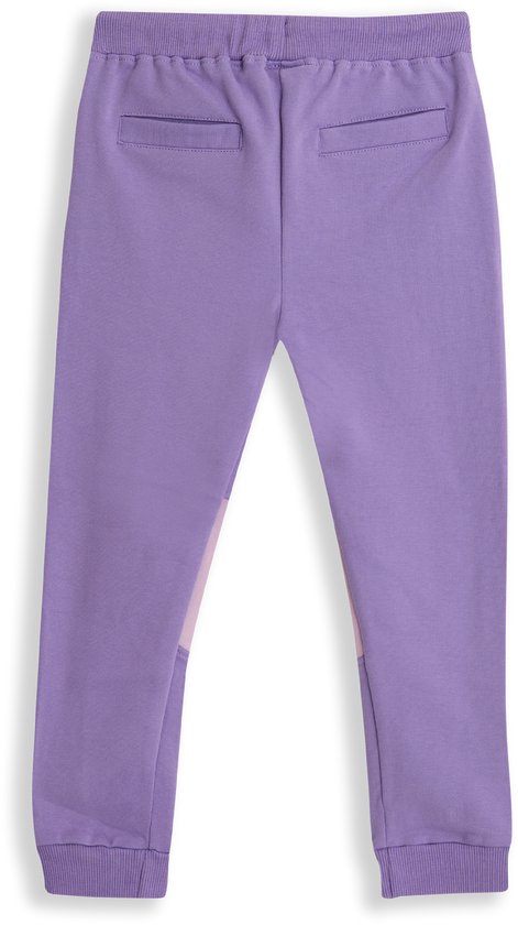 Achterkant lila joggingbroek met twee open achterzakken en lichte patches.