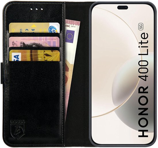 Element Rosso adapté au Honor 400 Lite | Étui portefeuille | Étui portefeuille | 3 passes | Fermeture magnétique | Fonction de support | Noir
