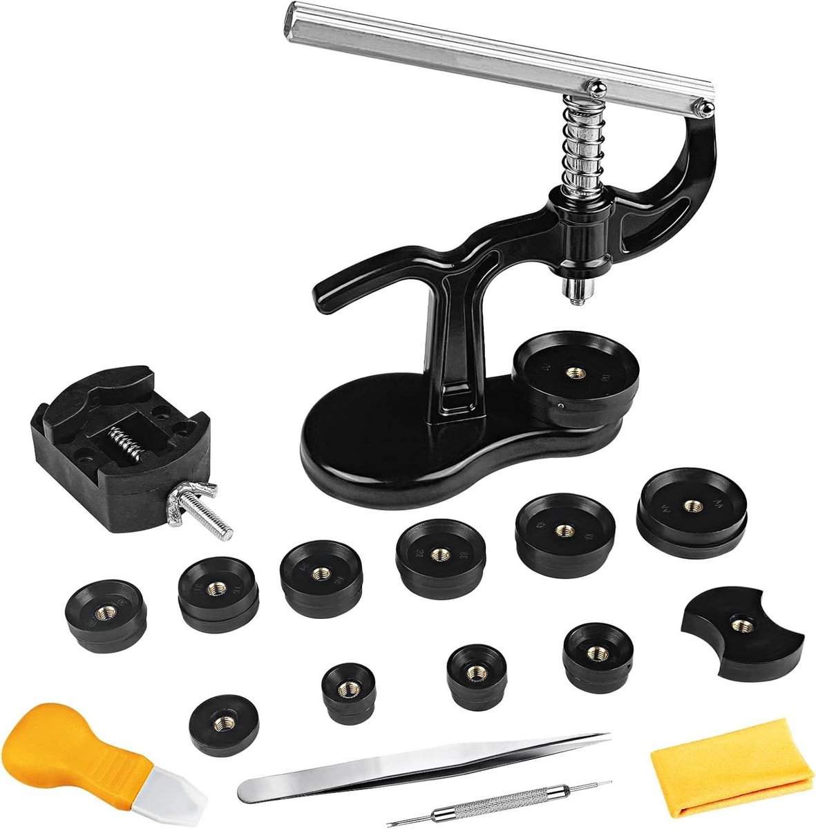 Allecto Plus - Horlogekastpers set met 18 stuks - Professioneel gereedschap voor horlogereparatie - Inclusief 12 vormmaten - Voor het openen en sluiten van horloge achterkant - Batterij vervangen - Zwart