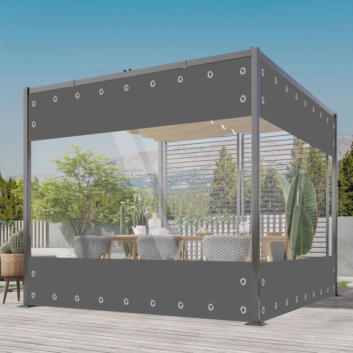 Transparant PVC zeildoek Vortex - Waterdicht - Dekzeil - Veranda - Overkapping - Wind - Grijs - 240x300cm