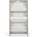 Witte schoenenkast met een bruin gespikkeld frame en openklapbare witte deuren.