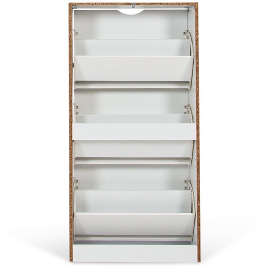 Witte schoenenkast met een bruin gespikkeld frame en openklapbare witte deuren.