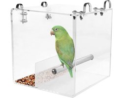 Automatische vogelvoeder - knoeivrije voederbak voor in de vogelkooi - voerbak voor vogelzaad - geschikt voor grasparkieten, kanaries, valkparkieten, kaketoes en Fink-kanaries - acrylmateriaal (13x11x13 cm)