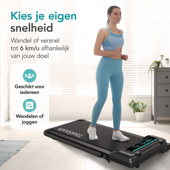 Vrouw rent op zwarte loopband. Tekst: "Kies je eigen snelheid". Geschikt voor iedereen.