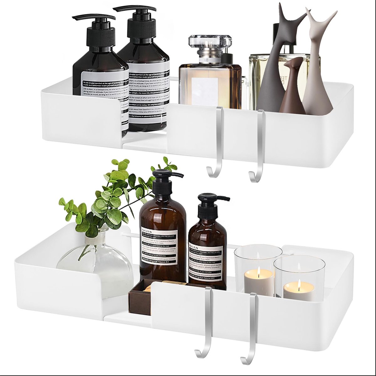 Ibenzoa® Zwevende badkamerplankenset – 2 stuks, zelfklevende wandplanken met haken – voor douche, keuken, woonkamer