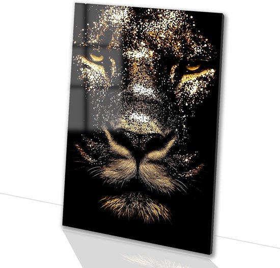 Gouden leeuw glasschilderij - Dieren - Goud - Zwart - Muurdecoratie woonkamer - Slaapkamer decoratie - Acrylglas - Schilderijen op glas - Acrylglas 60x90 cm