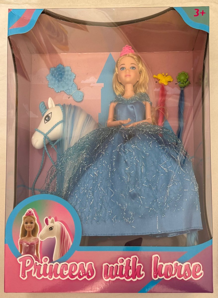 Prinsessenpop met Paard – Inclusief Haaraccessoires en Kam – 30 cm Pop & 25 cm Paard – Speelset voor Kinderen vanaf 3 Jaar