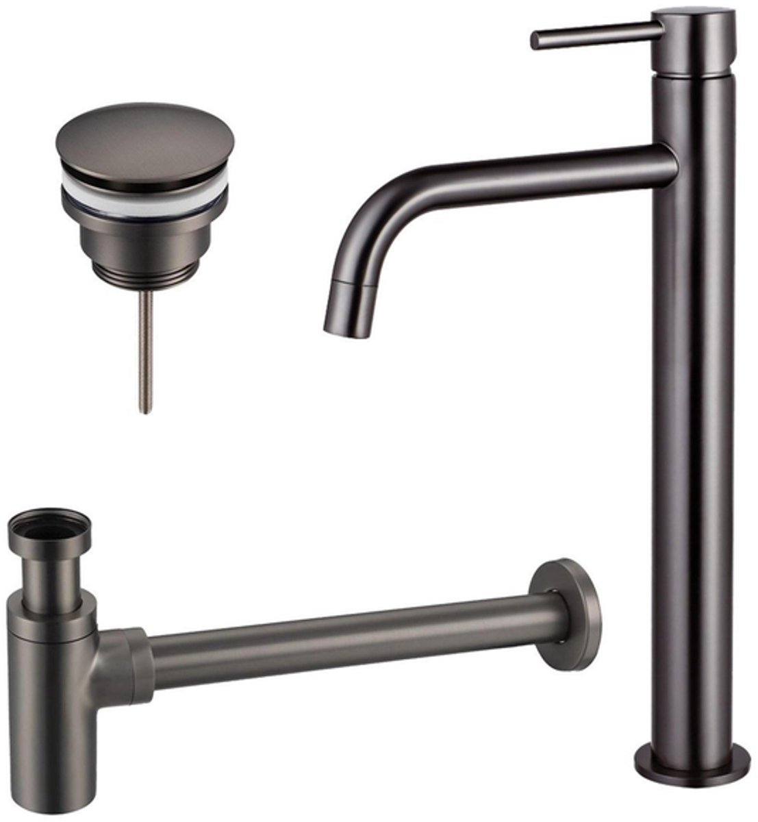 FugaFlow Eccelente Sobrado Badkamer Slim Wastafelkraanset - verhoogde wastafelkraan - klikwaste plug - design sifon - PVD Gepolijst Gunmetal