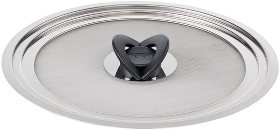 Zilverkleurig Tefal anti-spat deksel met een fijnmazig gaas en een zwart hartvormig handvat.