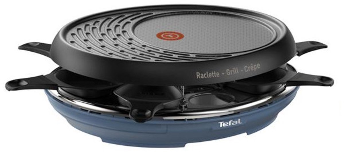 Tefal RE310401 Colormania Raclette 3 in 1, 8 kopjes, grill en crĂŞpe raclette -apparaat, niet -stick, staalblauw