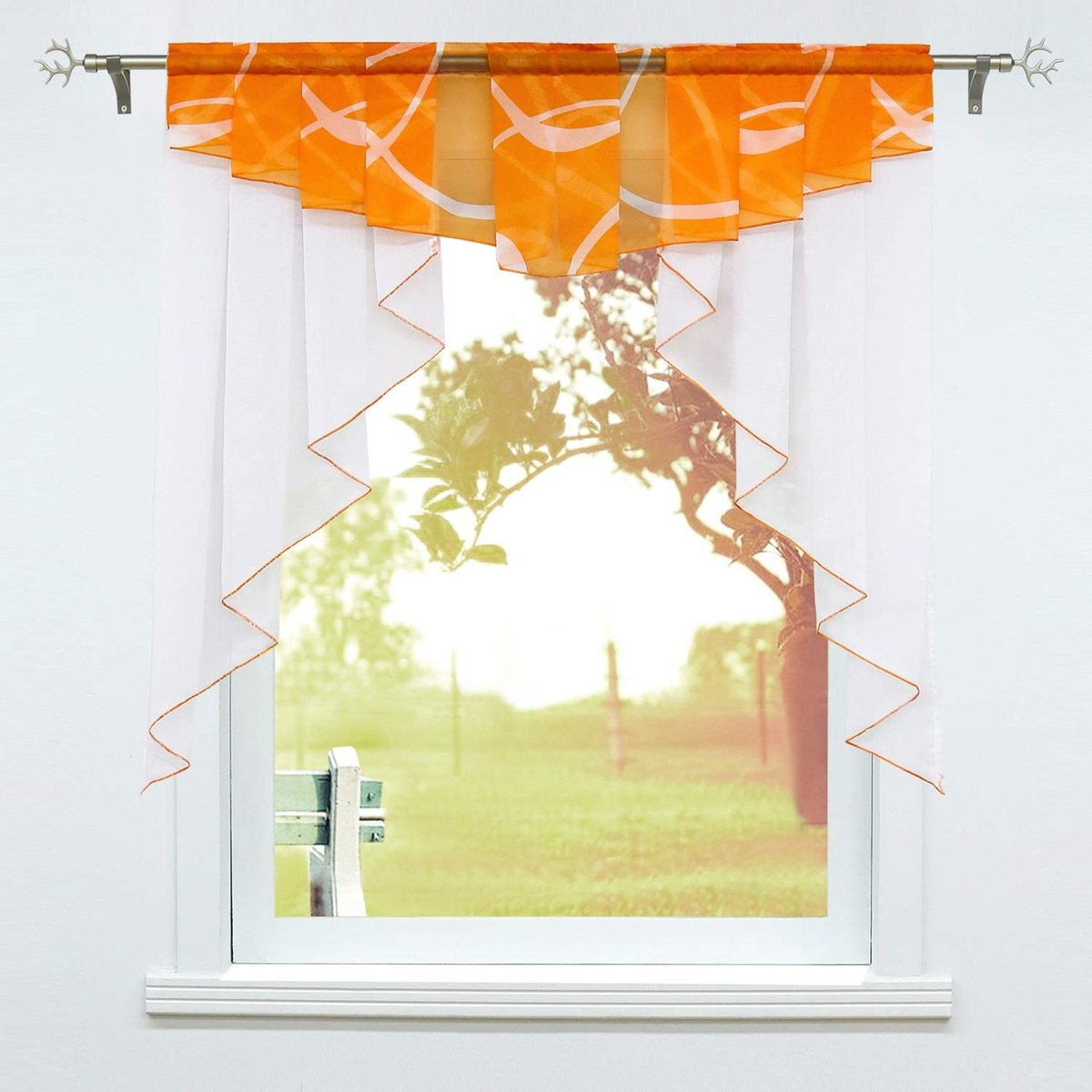 Ibenzoa Vitrage voor keuken en kleine ramen met plooiband en trekkoord, transparant voile gordijn in oranje tint