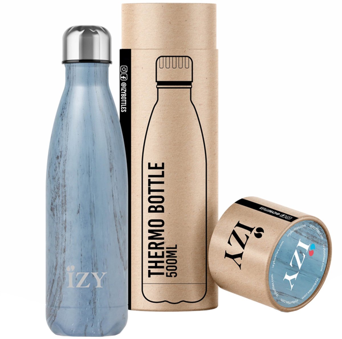 IZY Drinkfles - Prints - Design Blauw - Inclusief donatie - Waterfles - Thermosbeker - RVS - 12 uur lang warm - 500 ml