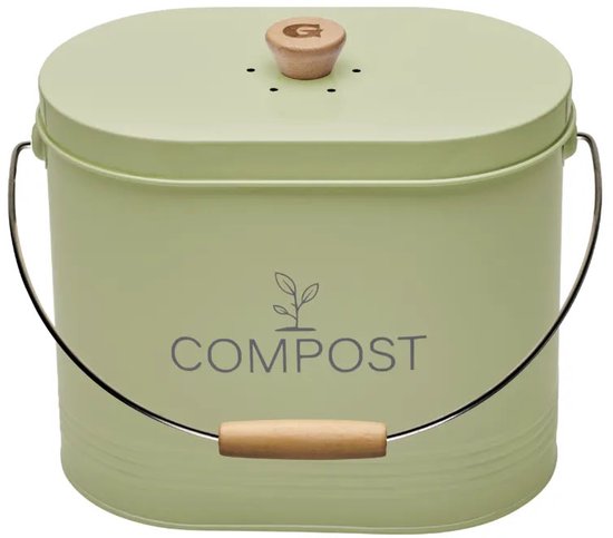 Pastelgroene metalen compostemmer met houten handvat en deksel met koolstoffilter. Tekst 'COMPOST' met bladlogo.