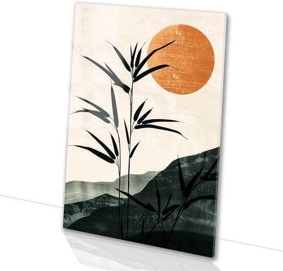 Silhouette abstraite de bambou avec soleil - Peinture sur verre nature - Décoration murale verre bambou - Japandi - Plexiglas - Décoration chambre - verre acrylique 70x105 cm