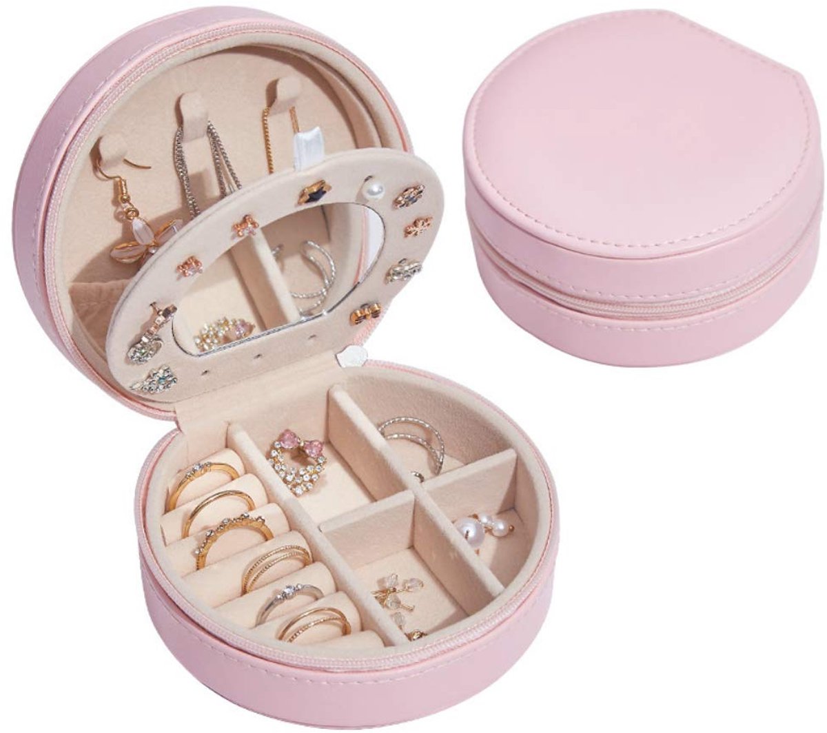 Sieradendoos - Draagbare sieradenhouder - Roze - PU-leder - Drielaags