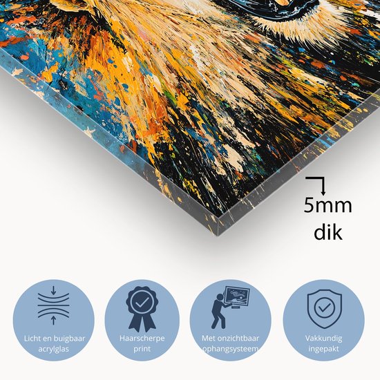 Kleurrijke leeuw met dynamiek - Leeuw glazen schilderij - Muurdecoratie glas dieren - Abstract expressionisme - Kunst op acrylaat - Klassiek schilderijen - acrylglas 105x70 cm