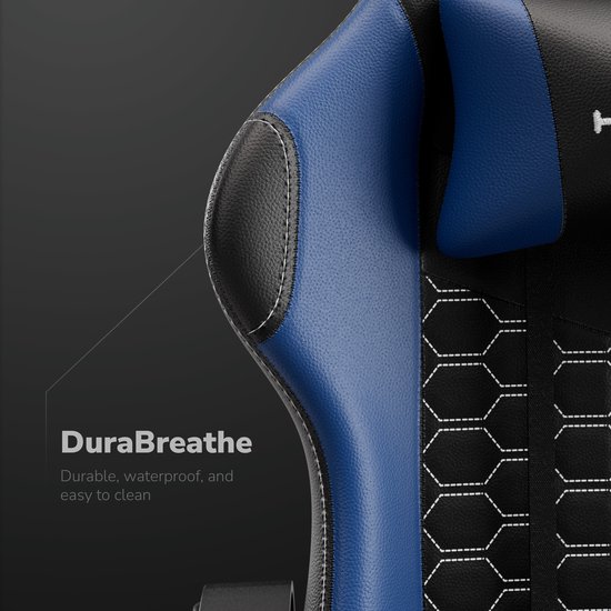 Zijkant van een blauwe en zwarte gamerstoel met HICON logo en hexagon patroon. Tekst: 'DuraBreathe - Durable, waterproof, and easy to clean'.