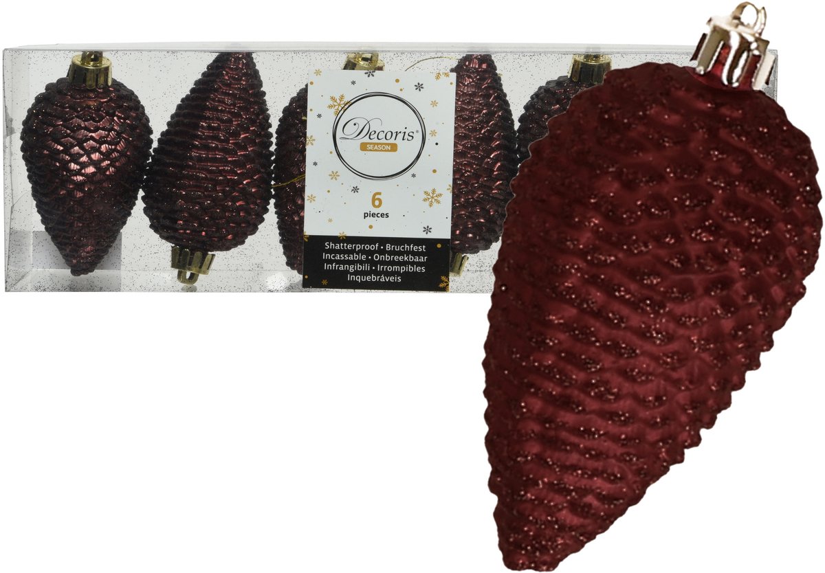 Decoris Kersthangers dennenappels - 6x -mahonie bruin - glitter - 8 cm - kunststof - kerstversiering