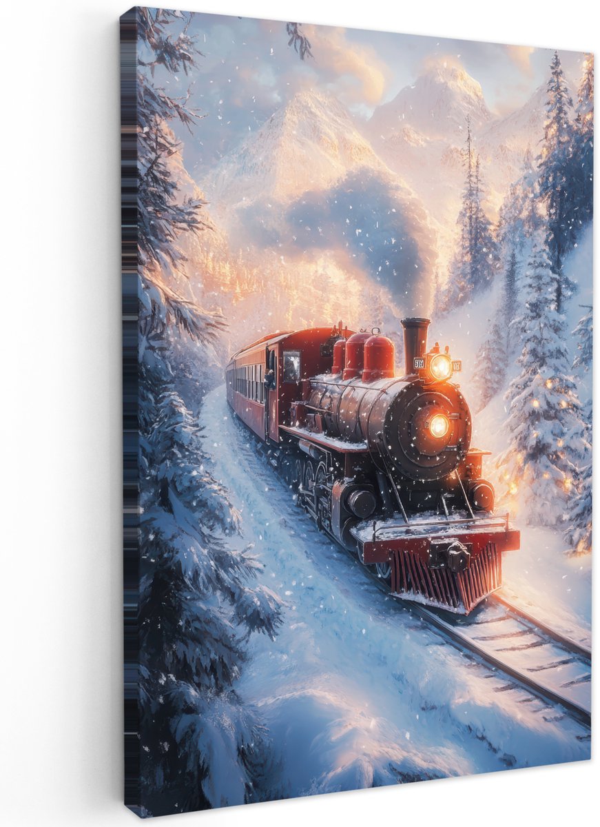 Tuinschilderij met Kersttrein en sneeuw, 60x90 cm op canvas.
