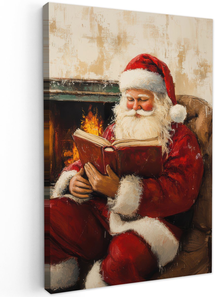 Sfeervol kersttafereel met Kerstman bij de open haard op een tuinschilderij van 100x150 cm op canvas.