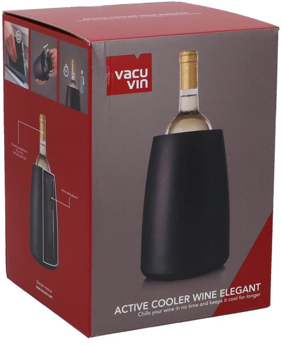 Verpakking van een Vacu Vin Active Cooler Wine Elegant, met illustraties van het gebruik.