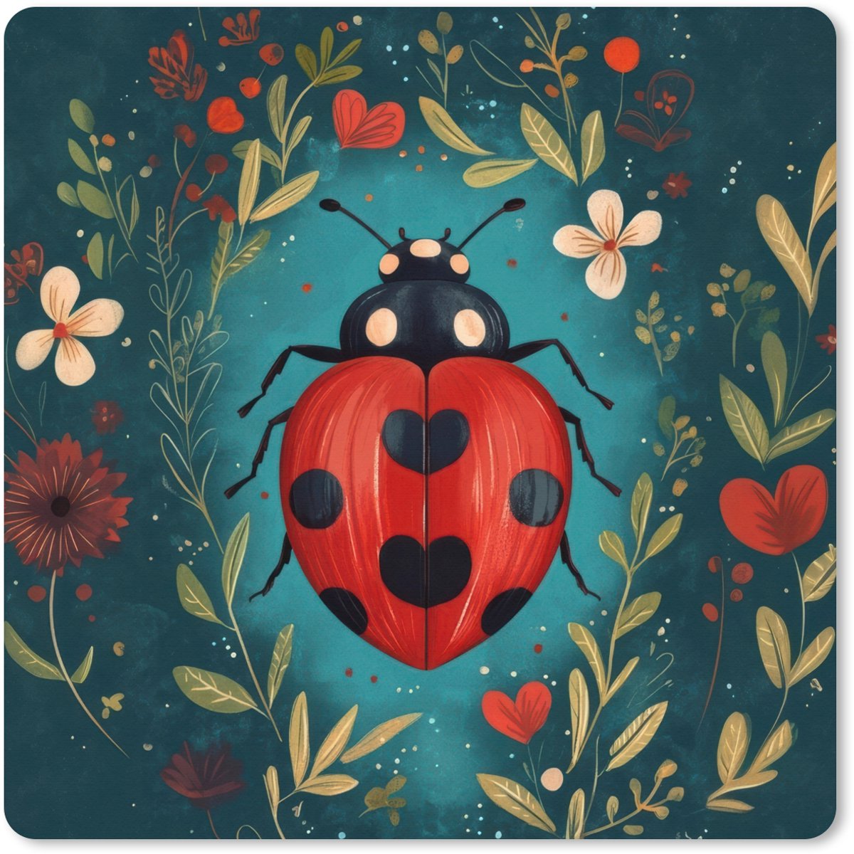 Muismat XXL 60x60 cm - Bureau onderlegger - Bureau mat Bloemen - Lieveheersbeestje - Hartje - Rood - Bureaumat - Gaming mousepad xl - Bureaulegger groot - Computer deskmat