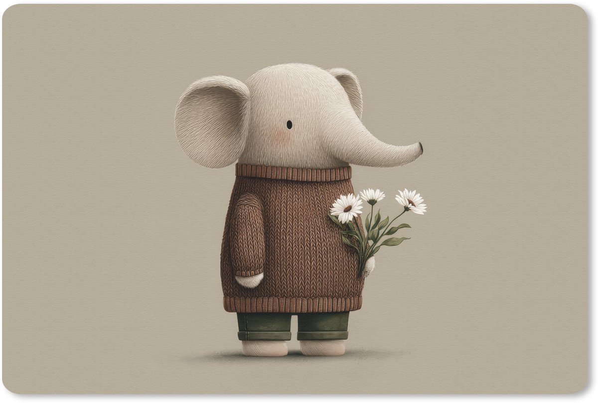Muismat 27x18 cm - Mousepad Olifant - Witte bloemen - Kindvriendelijk - Muismatten