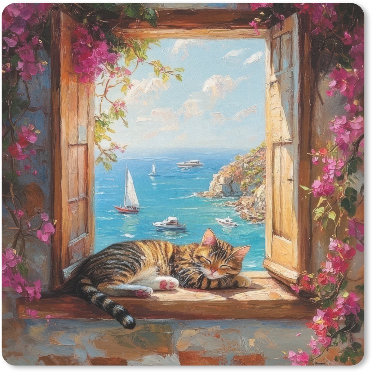Muismat 20x20 cm - Mousepad Kat - Blauwe zee - Roze bloemen - Muismatten