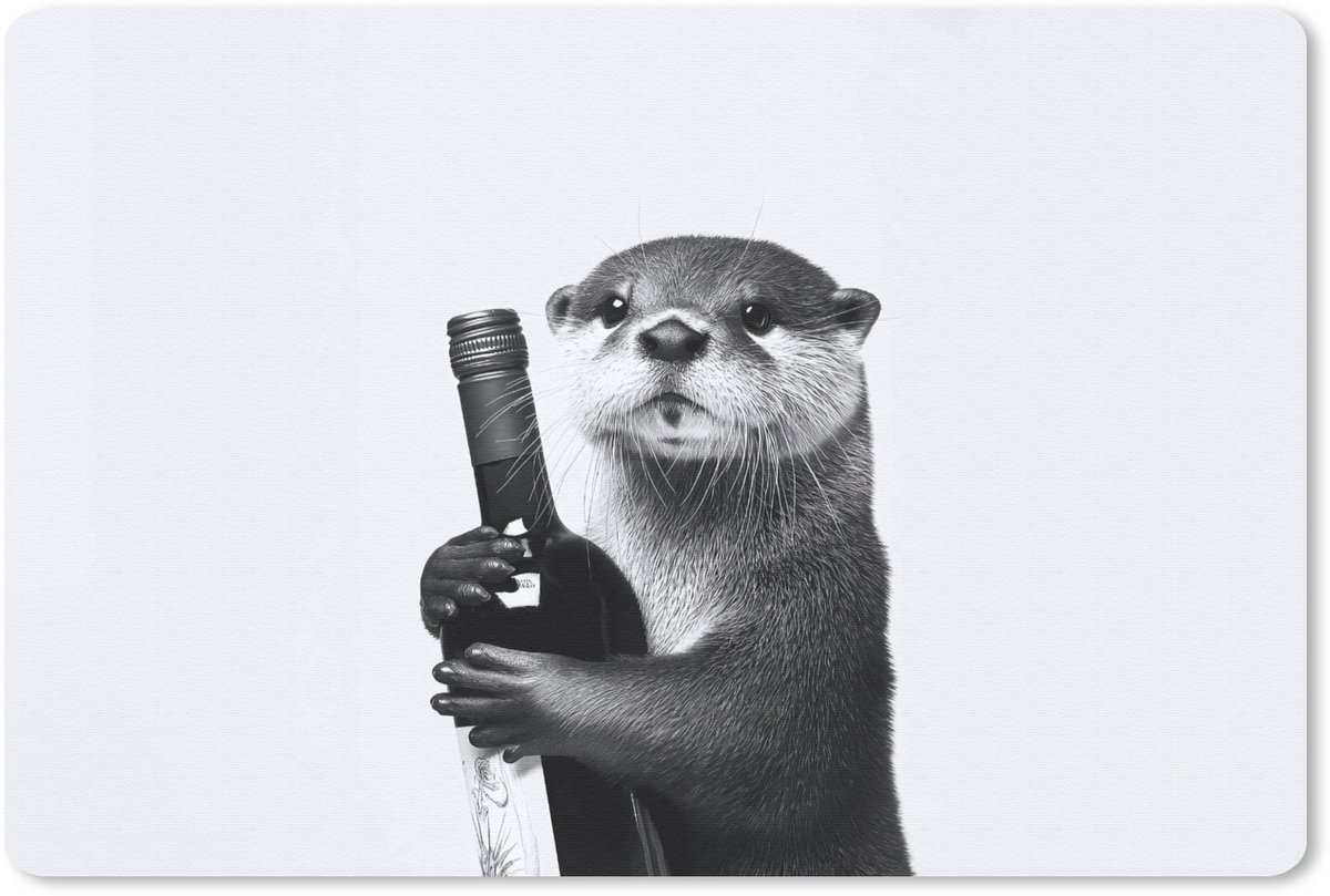 Muismat 27x18 cm - Mousepad Wijnfles - Otter - Zwart - Muismatten