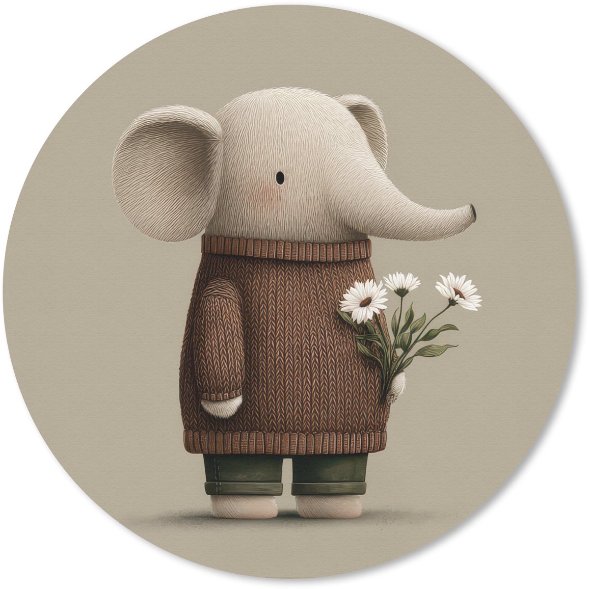 Muismat rond 20x20 cm - Mousepad Olifant - Witte bloemen - Kindvriendelijk - Ronde muismatten