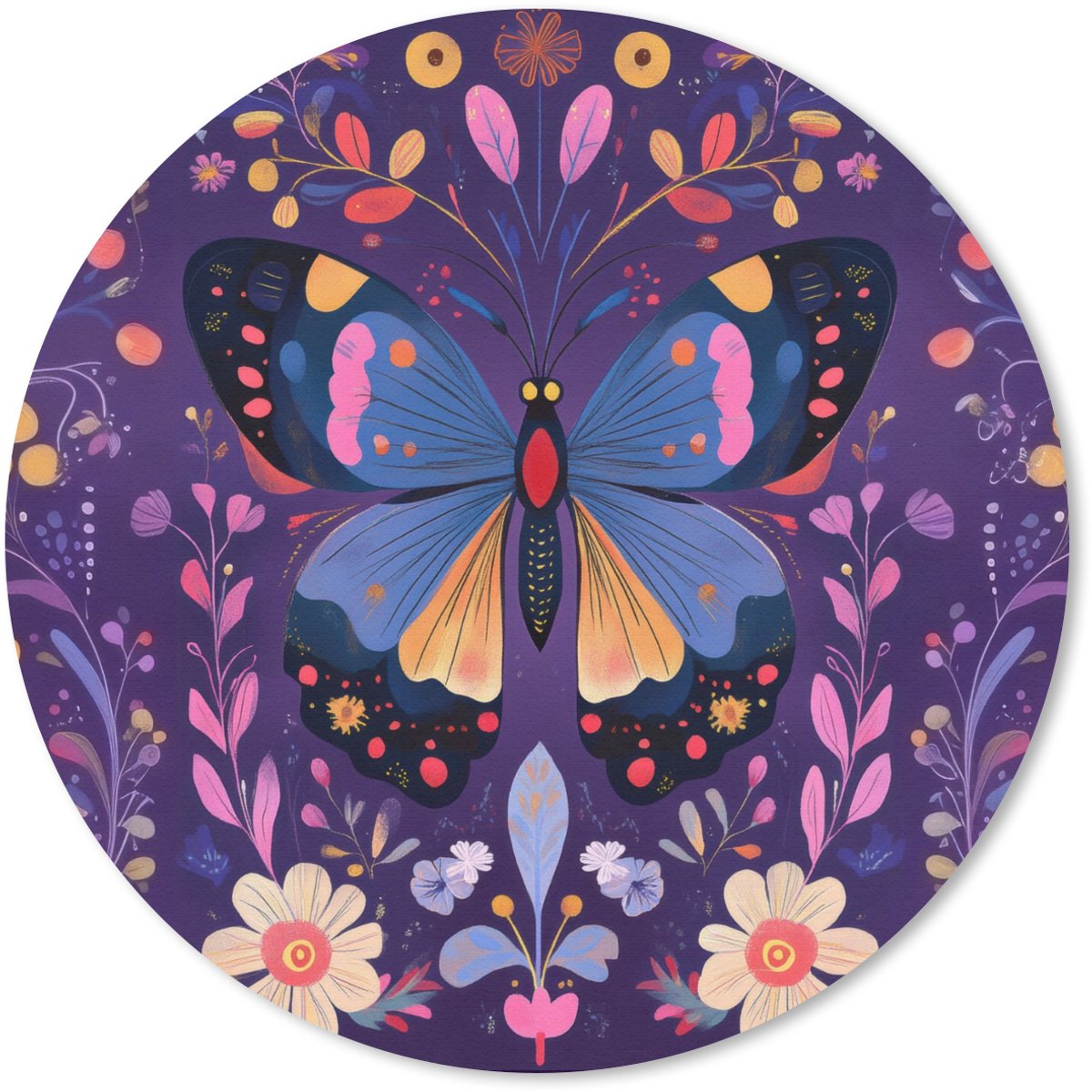 Muismat rond 20x20 cm - Mousepad Sierlijk - Bloemen - Vlinder - Paars - Ronde muismatten