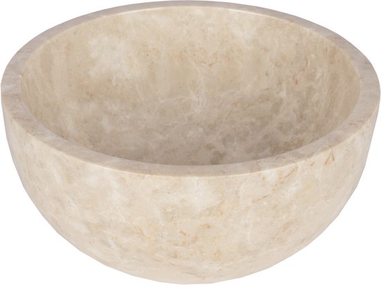 Bassin de lavabo rond en marbre beige avec un motif subtil de veines naturelles.