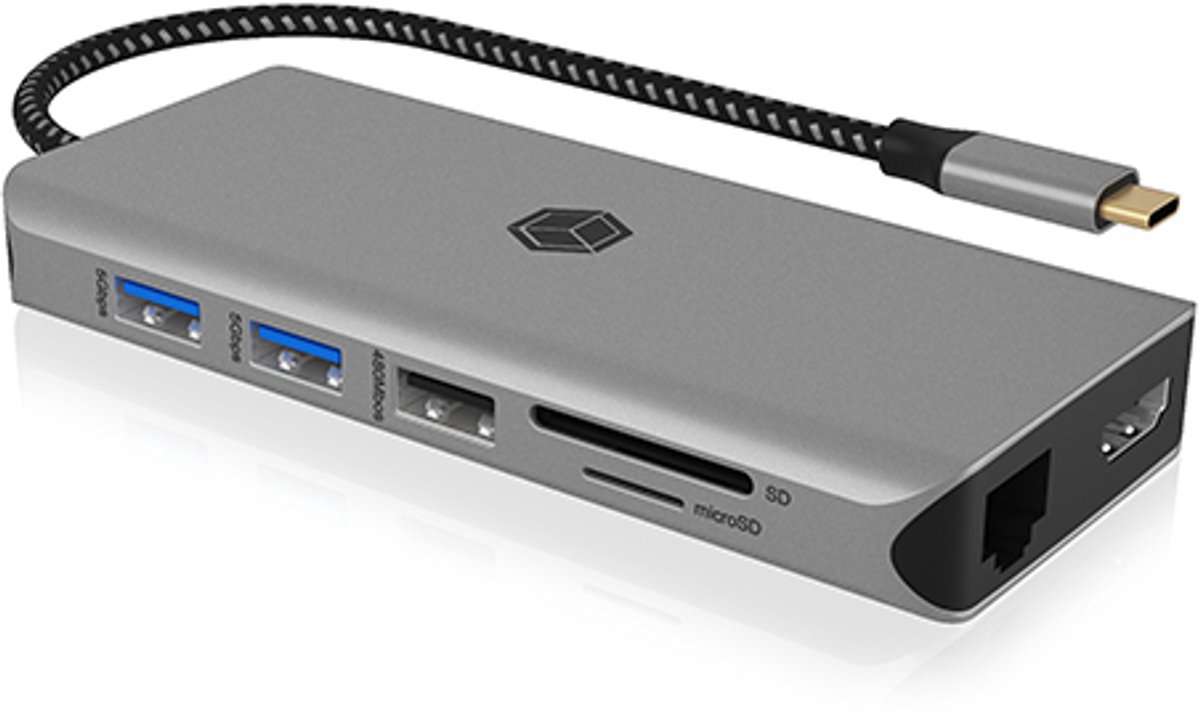 ICY BOX IB-DK4061-CPD 12-in-1 USB-C Docking Station met 2x HDMI (tot 8K/30Hz of 2x 4K), Gigabit LAN, SD/microSD kaartlezer, 4x USB, audio jack, Power Delivery 100W pass-through, compact design