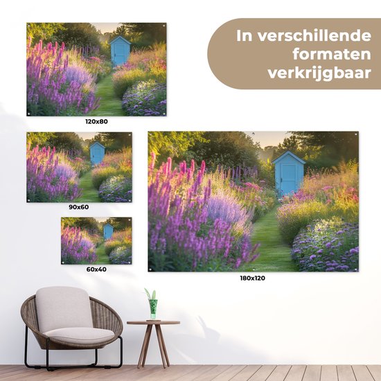 Affiche de jardin 120x80 cm - Décoration de jardin Maison de jardin - Blauw - Fleurs - Affiche pour le jardin - Décoration extérieure - Tableau de jardin clôture - Décoration murale en tissu de jardin - Décoration murale en tissu de balcon