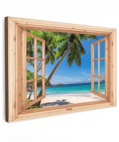 Tuinschilderij voor buiten 60x40 cm - Tuindecoratie Strand - Doorkijk - Palmboom - Zee - Eiland - Lichtbruin raam - Tuinposter op canvas - Tuin muurdecoratie - Buitenschilderij decoratie - Schutting wanddecoratie - Buitencanvas