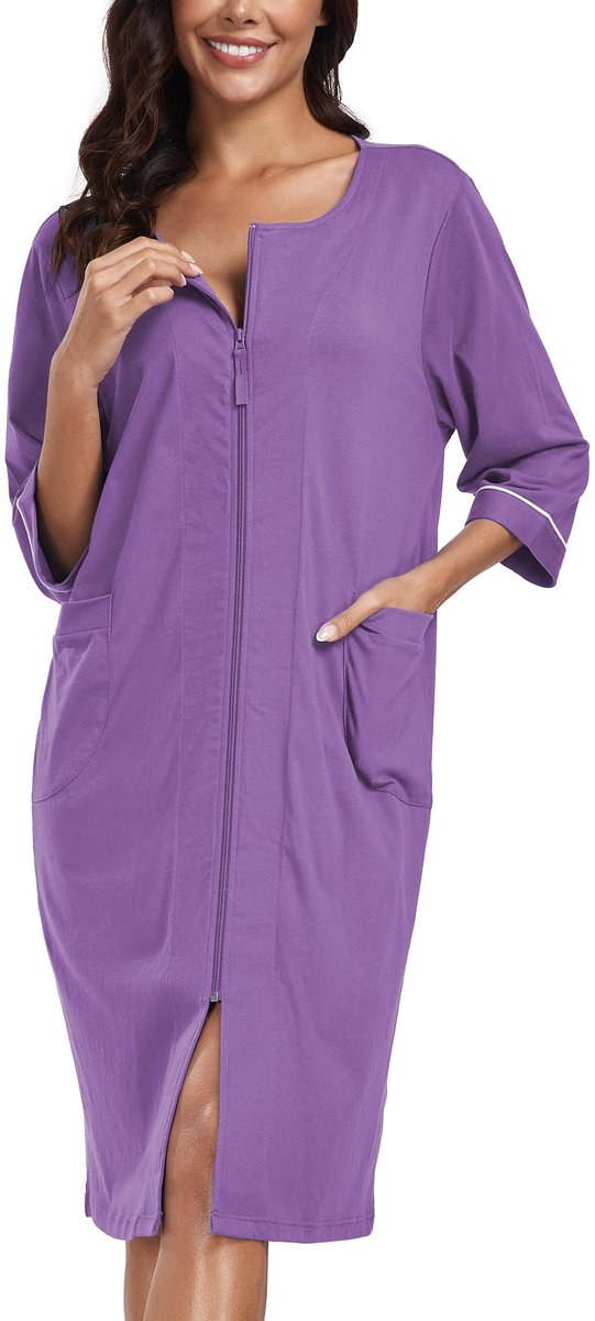 Dames Badjas - 100% Katoen Lichtgewicht Kort Met 3/4 Mouwen Ritssluiting en Zakken - Violet Maat L