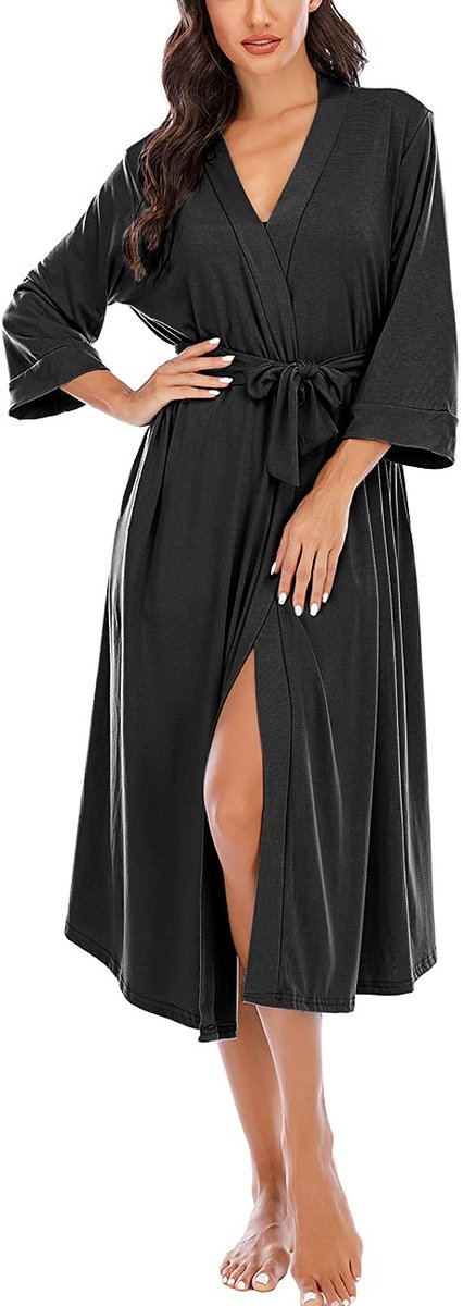 Dames Kimono Morgenjas - Lichtgewicht met 3/4 Mouwen en V-hals - Voor Nachtkleding - Zwart Maat L