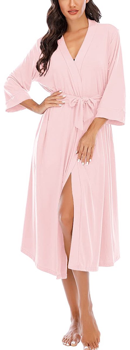 Dames Morgenjas - Lichtgewicht Kimono met 3/4 Mouwen en V-hals - Voor Nachtkleding - Roze XXL