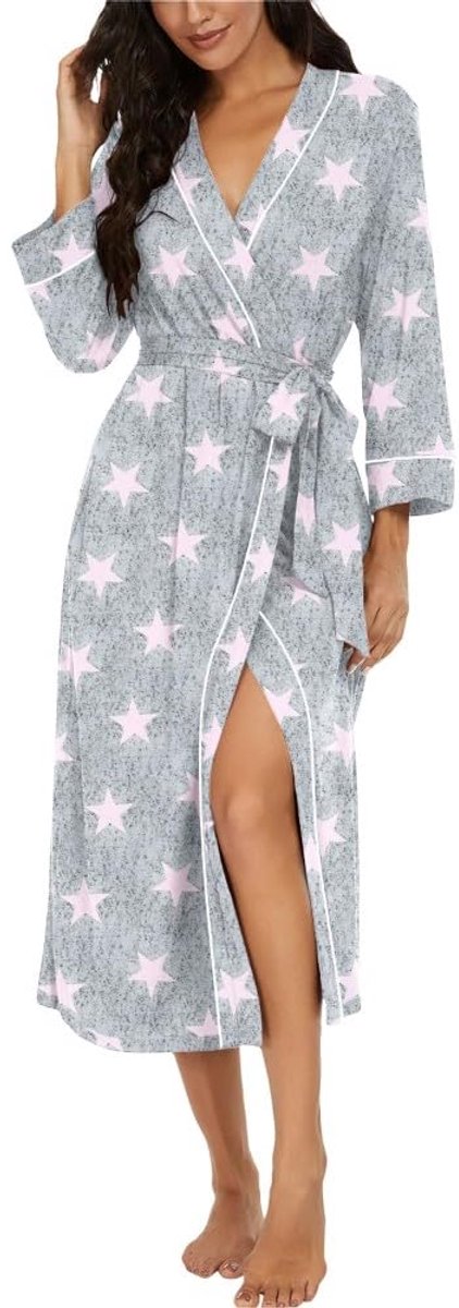 Dames Kimono Badjas - Lichtgewicht - Met 3/4 Mouwen - Voor Loungewear en Nachtkleding - Roze Ster - Maat M