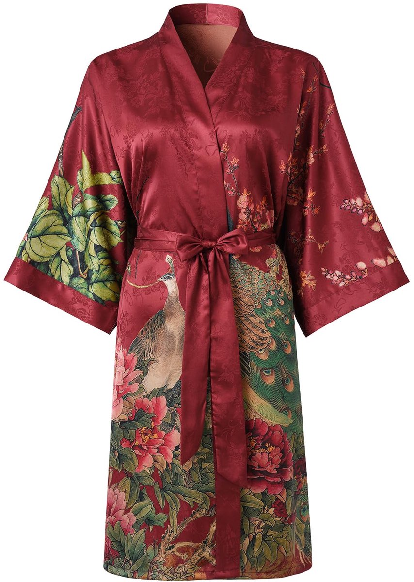 Dames Kimono Robe - Kort - Klassiek Bloemenpatroon - Badjas Nachthemd - Wijnrood